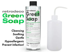 RetroDeco Green Soap label closeup highlights vegan, all-natural formula.