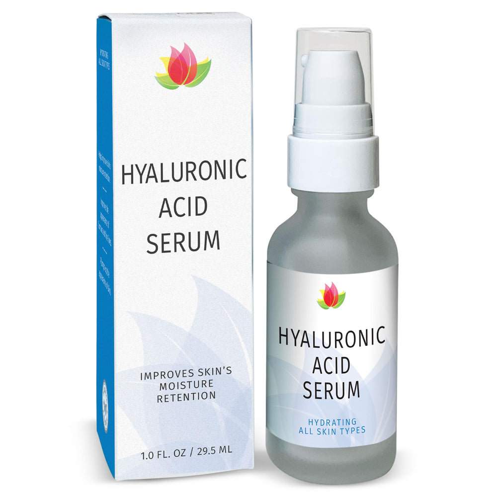 Reviva Labs Hyaluronic Acid Serum face bottle shows fast absorption for hydrated skin.
