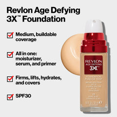 Revlon Age Defying 3X Foundation swatch in 040 Medium Beige on skin for natural finish.
