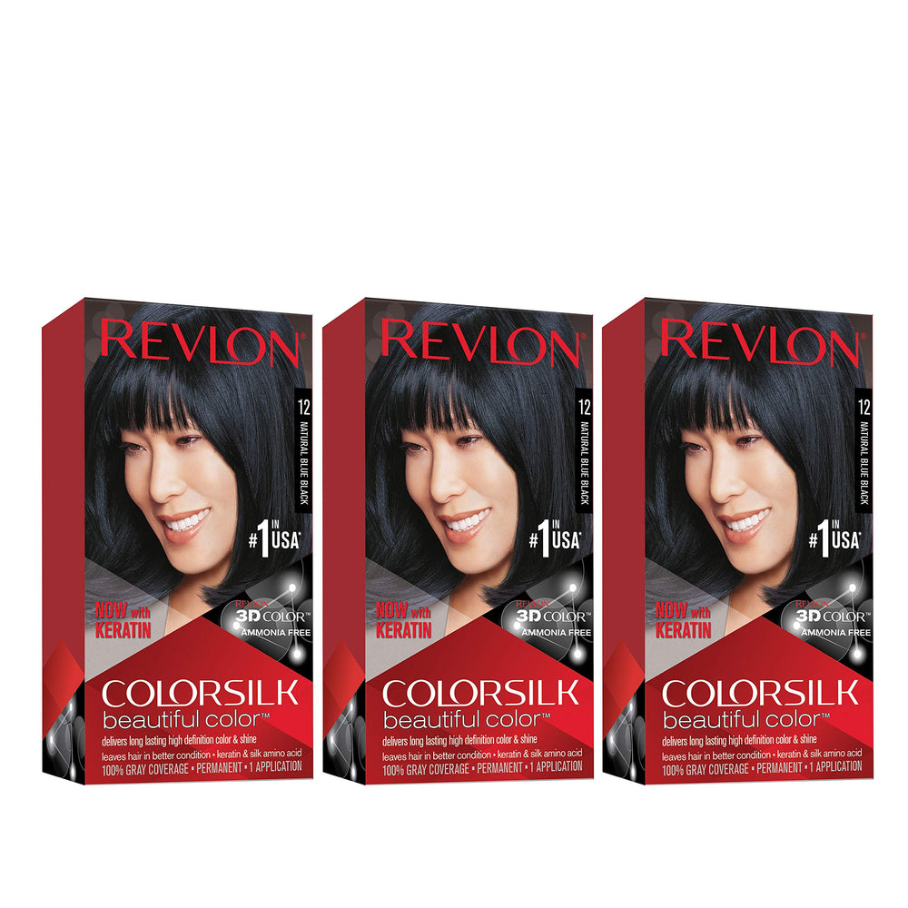 Revlon Colorsilk 12 Natural Blue Black pack shot shows ammonia-free color with 100% gray coverage.