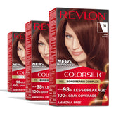 Revlon ColorSilk bond repair bottle highlights creamy, ammonia-free color formula for stronger hair.