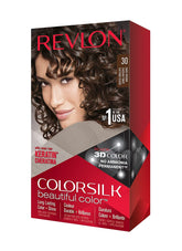 Revlon ColorSilk hair color 30 Dark Brown bottle shows rich shade for at-home results