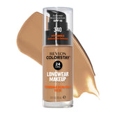 Revlon ColorStay longwear foundation bottle closeup showing oil-free matte finish for all-day shine control