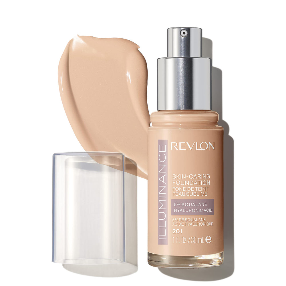 Revlon Illuminance bottle closeup shows hydrating formula for radiant skin.