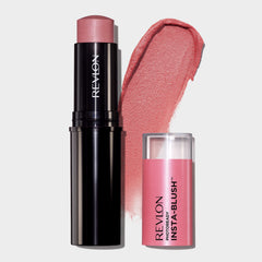 Revlon Insta-Blush Stick application on cheek demonstrates quick, portable color touch-up.