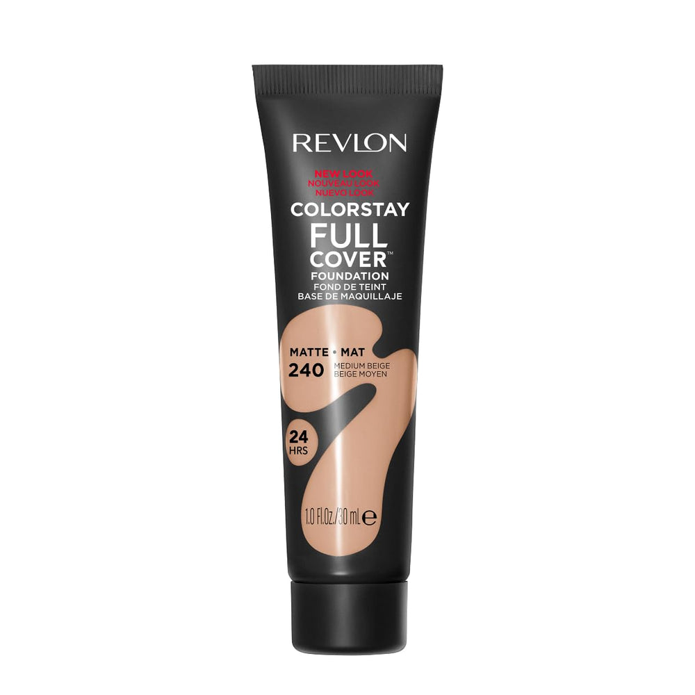 Revlon ColorStay liquid foundation swatch in Medium Beige for full coverage.