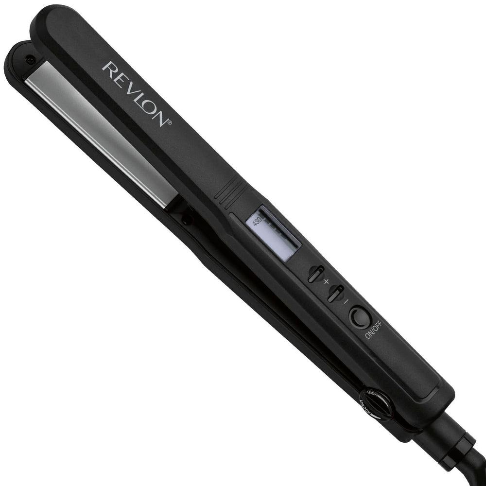 REVLON Perfect Heat ceramic flat iron close-up of 1-inch plates for efficient straightening