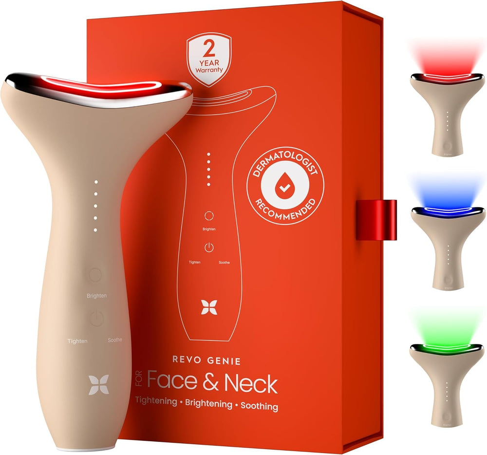 REVOMADIC REVO Genie face therapy closeup with red light for wrinkles and brighter skin.