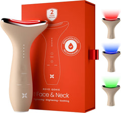 REVOMADIC REVO Genie face therapy closeup with red light for wrinkles and brighter skin.