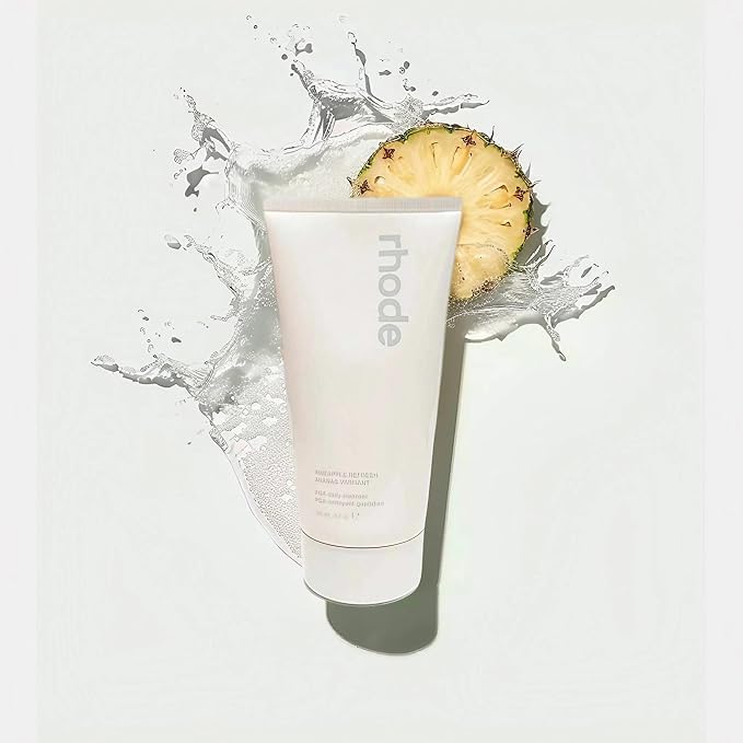 Rhode Pineapple Refresh Daily Cleanser bottle shows gentle lathering balm for sensitive skin.