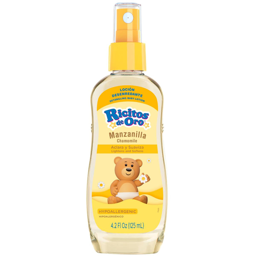 Ricitos de Oro clarifying lotion chamomile bottle for gentle lightening and tone care for blonde hair.