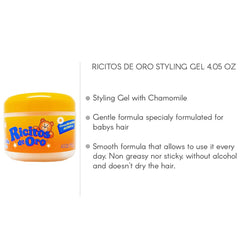 Ricitos de Oro Chamomile Styling Gel hair application shows clear non-greasy finish