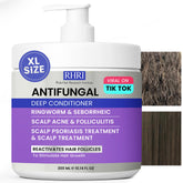 Rida Hair Research Institute anti fungal deep conditioner bottle pour for scalp hydration.