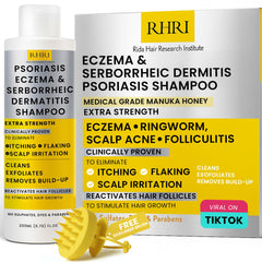Rida Hair Research Institute psoriasis shampoo bottle close-up showing soothing relief for itchy scalp