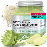 Rida Hair Research Institute Apple Cider Green Scalp Scrub bottle shows detox-ready formula for refreshing scalp.