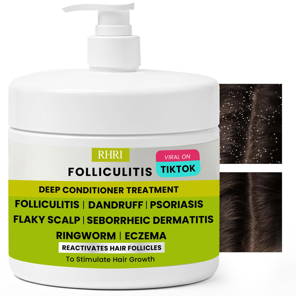 Rida Hair Research Institute folliculitis deep conditioner bottle pour for soothing scalp relief.