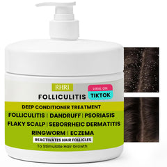 Rida Hair Research Institute folliculitis deep conditioner bottle pour for soothing scalp relief.