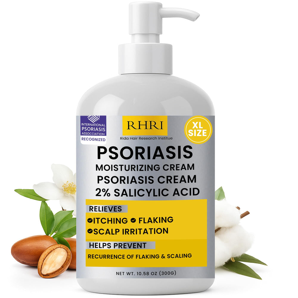 Rida Hair Research Institute psoriasis cream bottle close-up showing soothing formula benefits