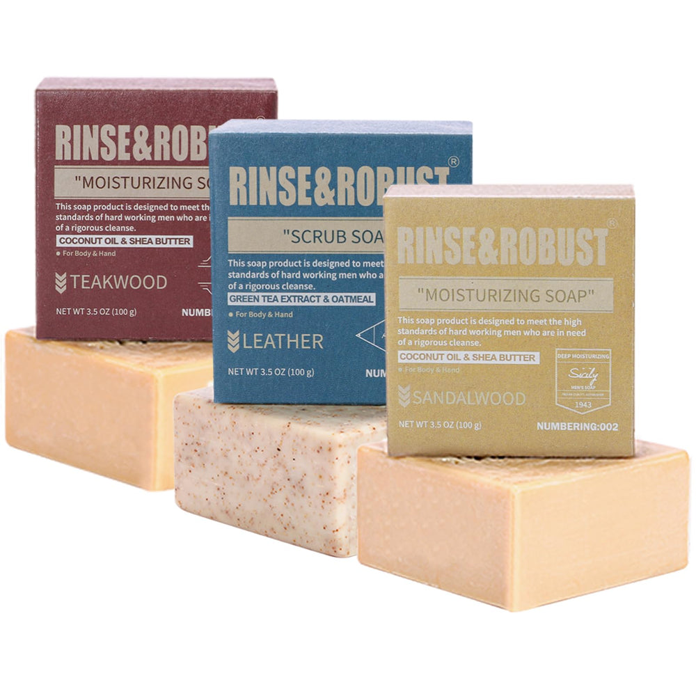 Rinse & Robust mens soap 3-pack front view, ideal for daily cleansing on the go