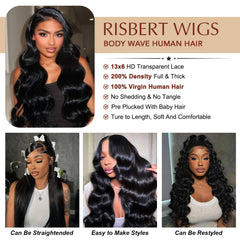 RISBERT 100percent human hair body wave wig offers soft, dense volume.