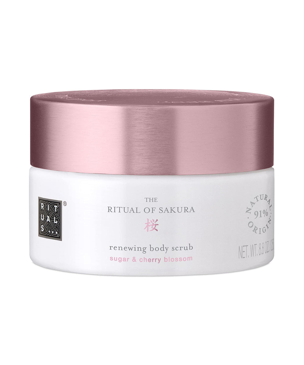 RITUALS Ritual of Sakura Body Scrub packshot shows the jar on a calming surface for glowing skin