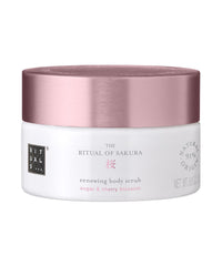 RITUALS Ritual of Sakura Body Scrub packshot shows the jar on a calming surface for glowing skin