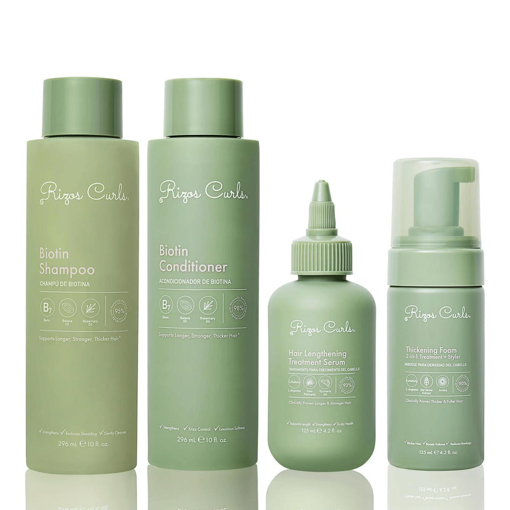 Rizos Curls complete lengthening oil bottle demonstrates longer, fuller hair potential.