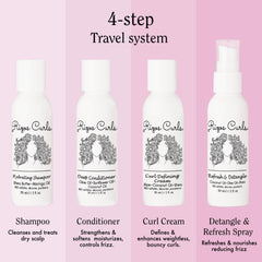 Rizos Curls travel kit conditioner bottle provides nourishment for softness and manageability.