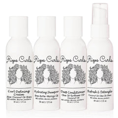 Rizos Curls travel kit shampoo bottle shows gentle cleansing and hydration for curls.