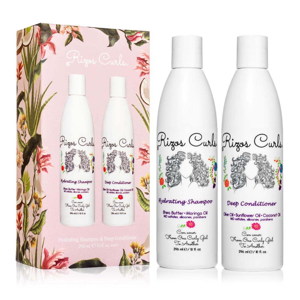 Rizos Curls Hydrating Shampoo bottle pour offers gentle cleansing for all curl textures.