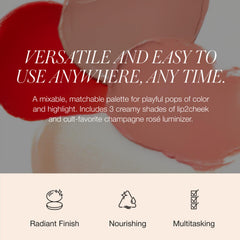 RMS Beauty Lip2Cheek Glow Quad application closeup shows creamy formula for lips and cheeks.
