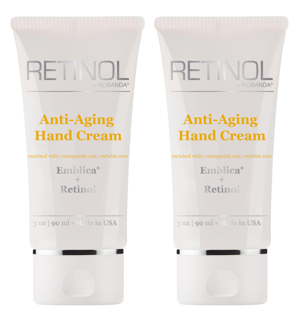 Robanda Retinol hand cream bottle close-up highlights hydration and anti-aging benefits.