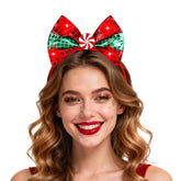 ROC PARTY light-up bow headband front view enhances holiday photos with warm glow.