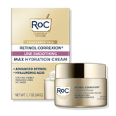 RoC Retinol Correxion Max Hydration jar demonstrates fragrance-free, oil-free hydration for 24 hours