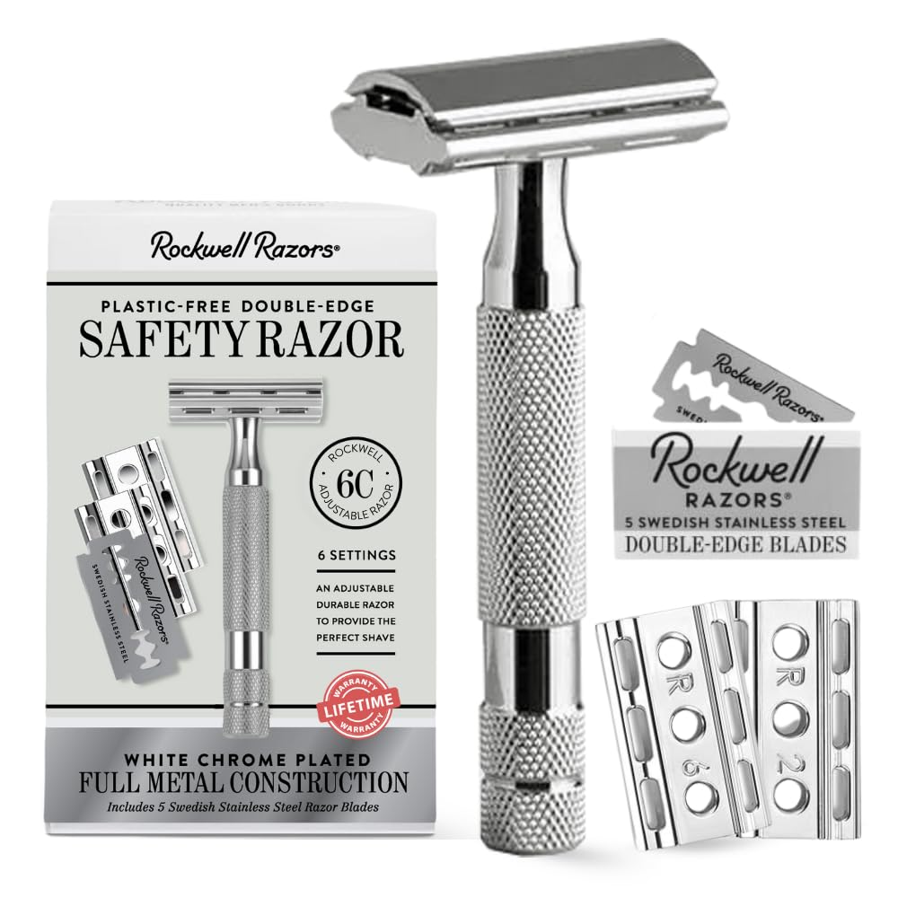 Rockwell Razors 6C white chrome razor closeup for precise shaves