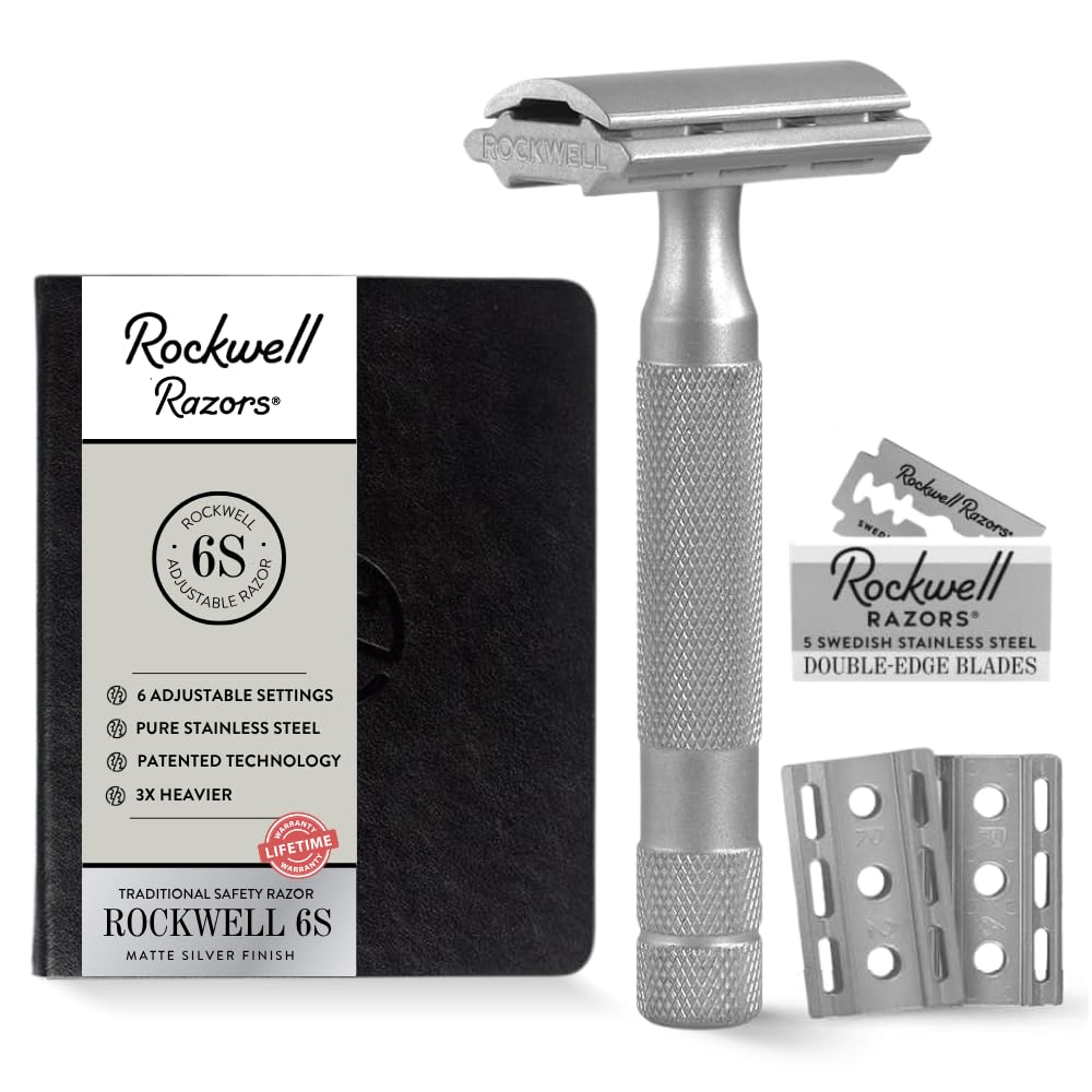 Rockwell Razors 6S matte stainless steel razor showing six adjustable settings for personalized comfort.