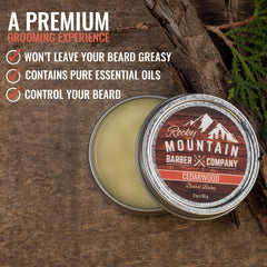 Lata de Rocky Mountain Barber Beard Balm de 2 onzas lista para retoques.