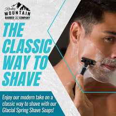 Rocky Mountain Barber Company Glacial Spring soap puck 2, moisturizing formula for comfortable shaves.