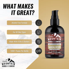 Rocky Mountain Barber Company aftershave bottle closeup sandalwood highlights the signature masculine scent