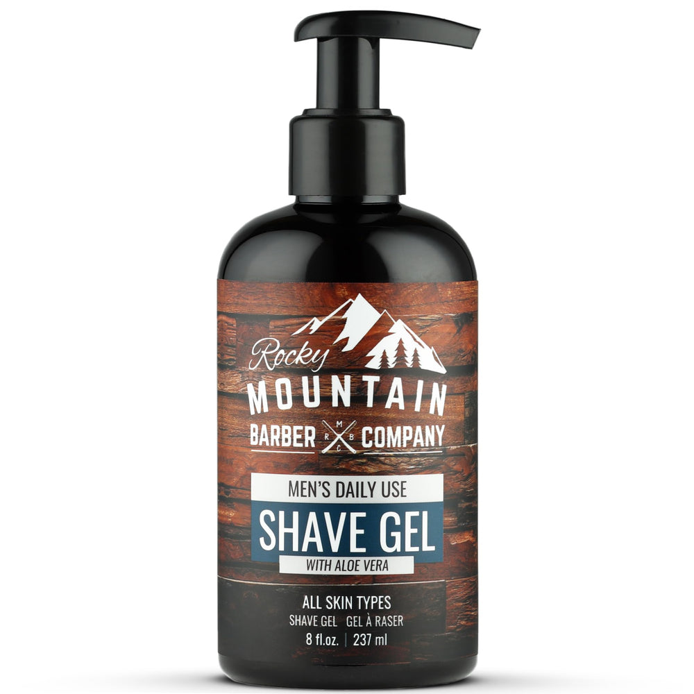 Rocky Mountain Barber Company men's shave gel with pump-cap for easy dispensing.