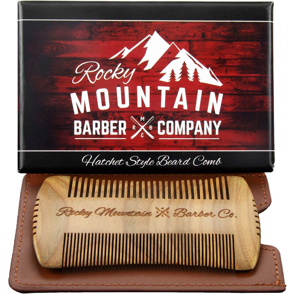 Rocky Mountain Barber sandalwood beard comb hatchet style for precise grooming and anti-static feel.