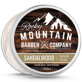 Rocky Mountain Barber sandalwood shaving cream tin ready for a thick lather