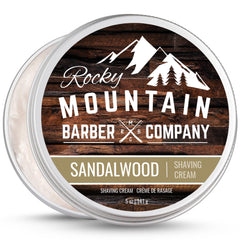 Rocky Mountain Barber sandalwood shaving cream tin ready for a thick lather