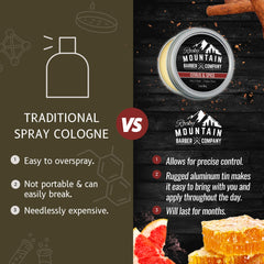 Rocky Mountain Barber solid cologne tin packaging shown for travel friendly design