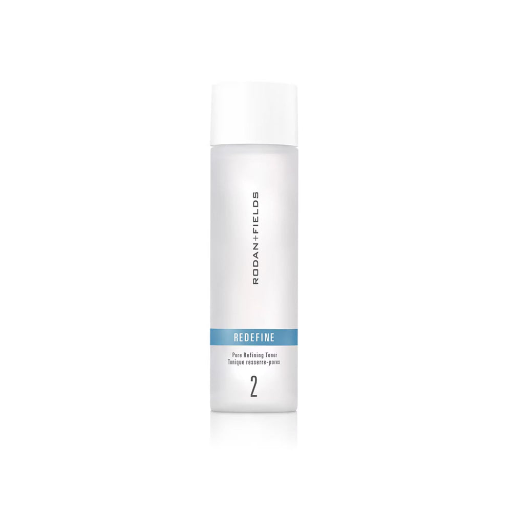 Rodan + Fields Redefine Pore Minimizing Toner bottle on vanity supports daily pore refinement.