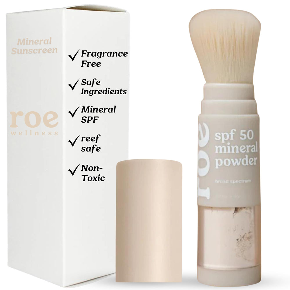 Roe Wellness Kids SPF50 brush-on powder bottle front shows reef-safe mineral sunscreen for quick protection