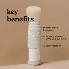 Roe Wellness Kids SPF50 brush-on powder with brush-application demonstrates easy on-the-go sun protection