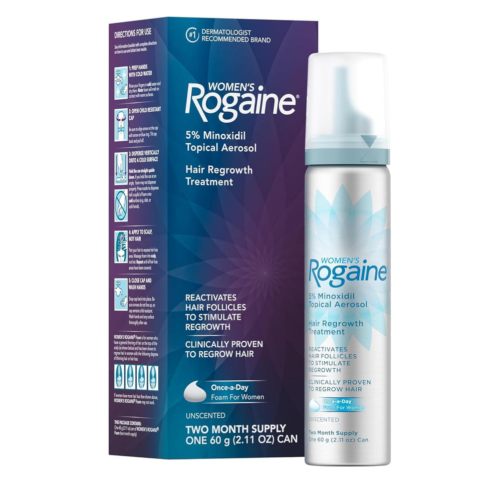Rogaine front packaging showing bottle and unscented foam benefits