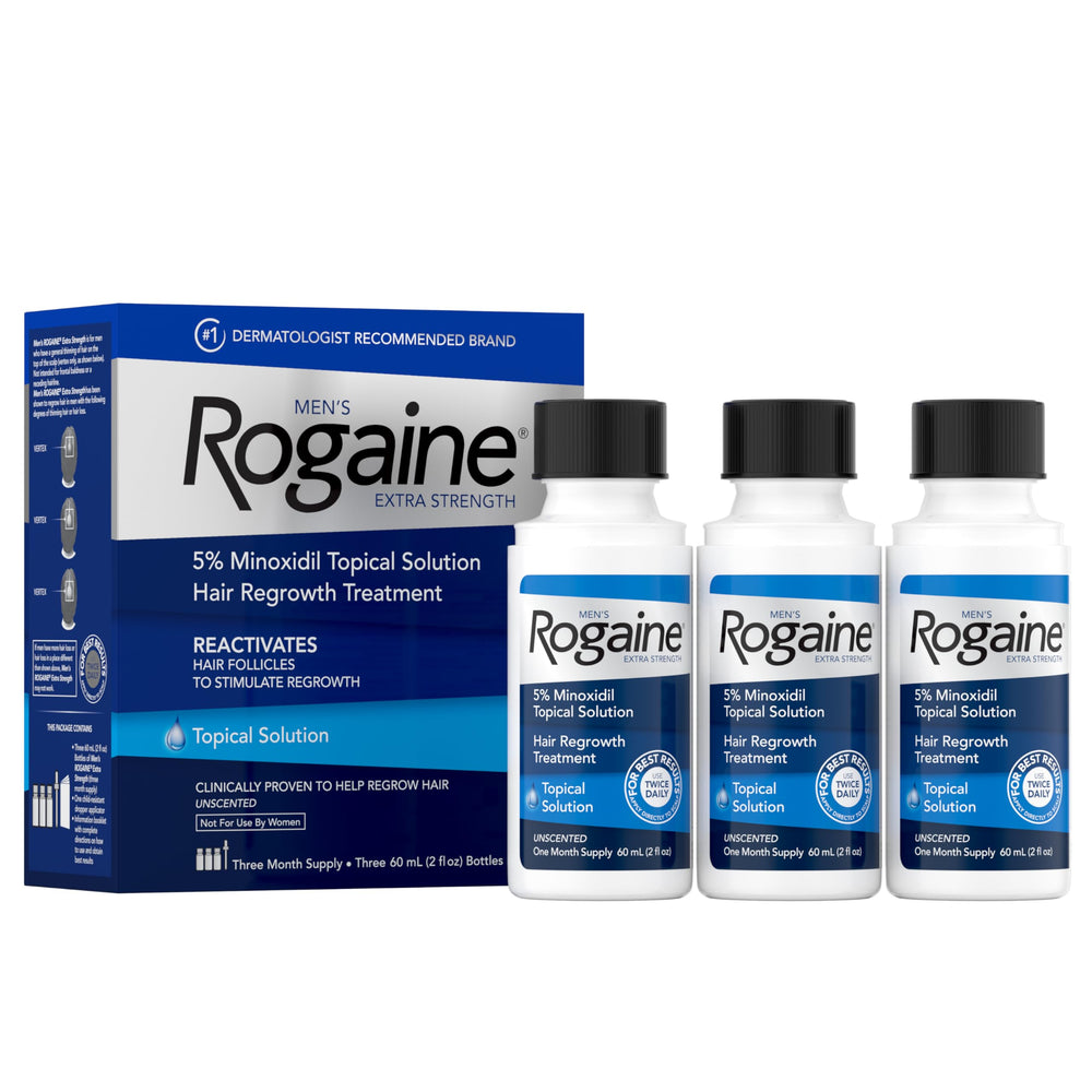 Rogaine extra-strength minoxidil bottle front view for hair regrowth