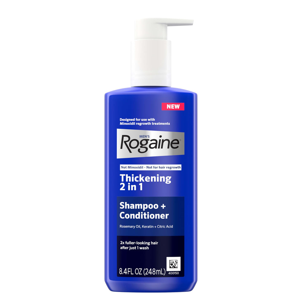 Rogaine front bottle view showing product and branding for fuller-looking hair